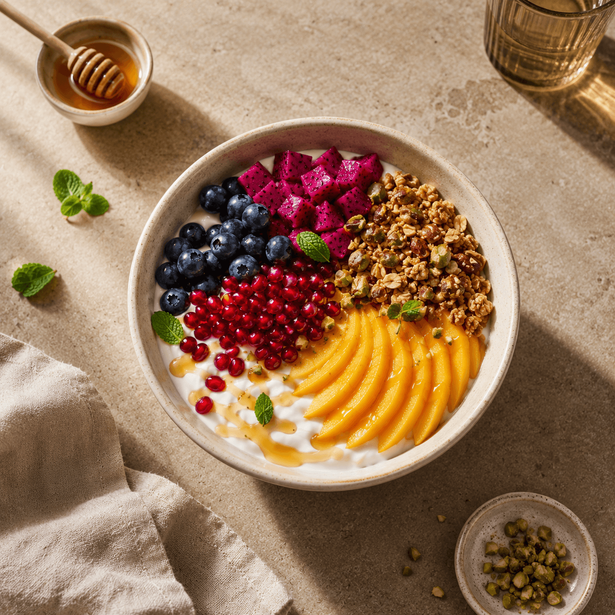 Fresh yoghurt bowl with dragon fruit, blueberries, pomegranate, mango, and granola